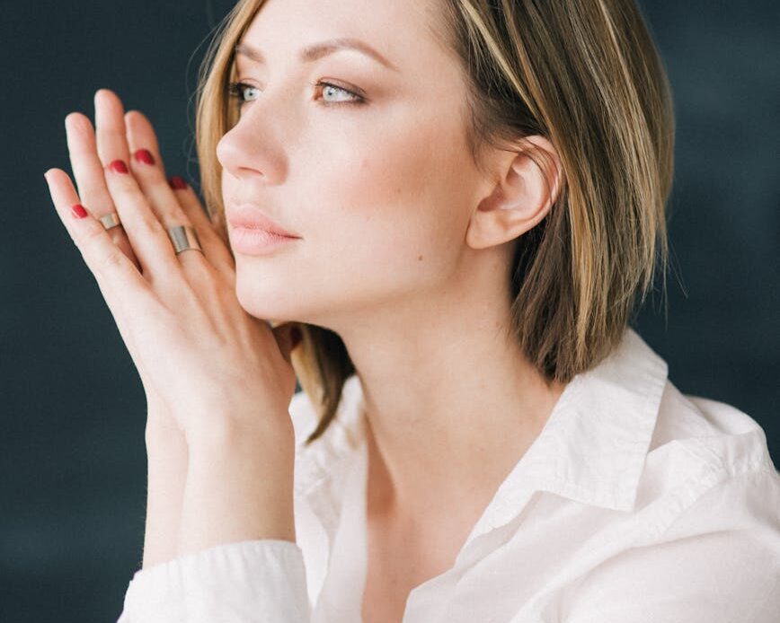 side view of a gray eyed woman