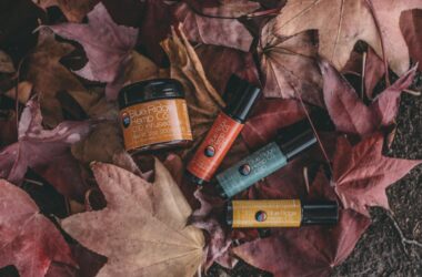 flat lay photography of several product bottles on withered leaves