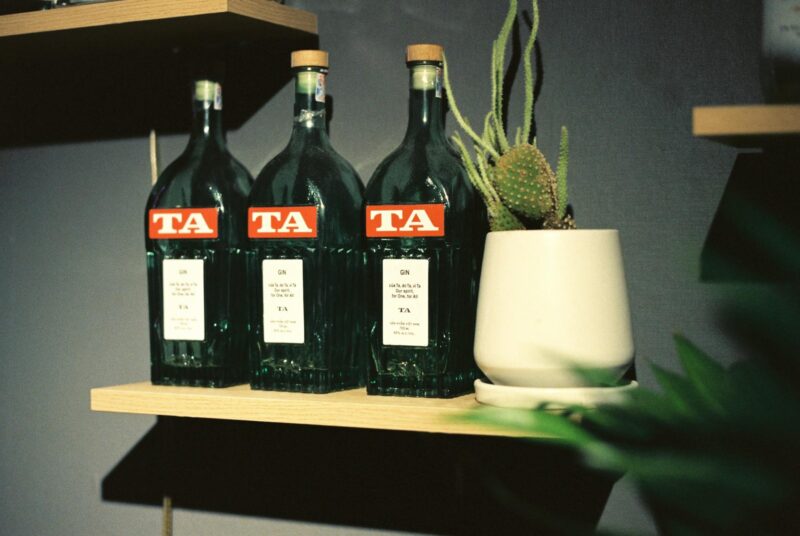 bottles of gin on wooden shelf with cactus